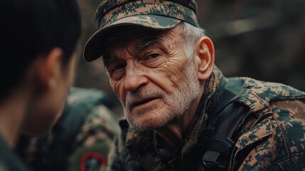 A rugged elderly soldier intently speaks with a younger companion, conveying wisdom amidst a military setting.