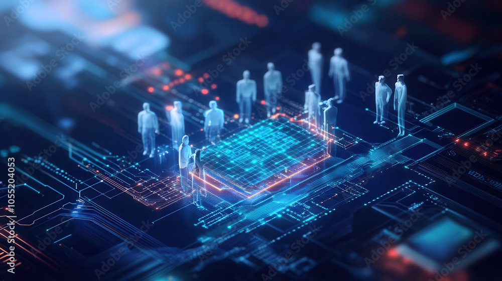 Poster digital representation of engineers collaborating on futuristic circuit board, showcasing innovation