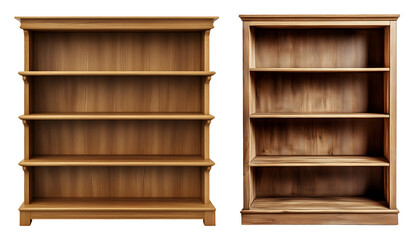 Wooden bookshelves set with four shelves isolated on transparent background, PNG