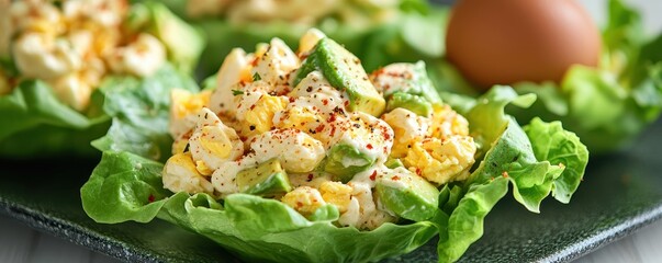 Keto meal concept. A fresh egg salad with mayonnaise and avocado, served in lettuce cups, keto recipe