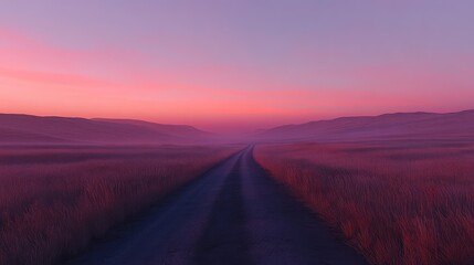 A lone road at dawn, bathed in soft pink and orange light, cutting through an endless expanse of grasslands