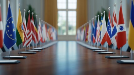 A row of international flags lined up in a conference room, symbolizing global unity, diplomacy, and international relations.