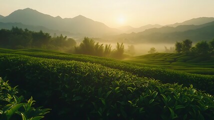 view of a lush green tea plantation blanketed by early morning mist with mountain ranges in the background under a soft winter sunrise 