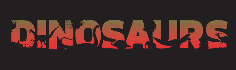 Vector typography with the word dinosaurs. Prehistoric animals. Every letter is filled with dinosaurs