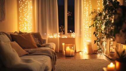 A beautifully decorated living room with a New Year's Eve party setup