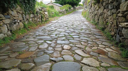 A medieval stone road through a coastal village, the uneven stones gleaming after a recent rain, showing the texture of time