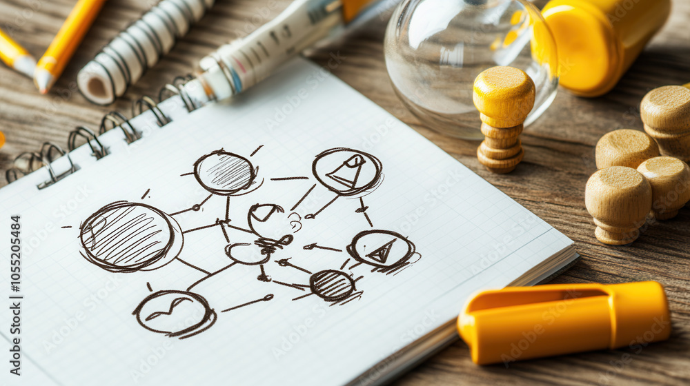 Aufkleber sketching business plan with diagrams and notes on notepad, surrounded by stationery items. creative