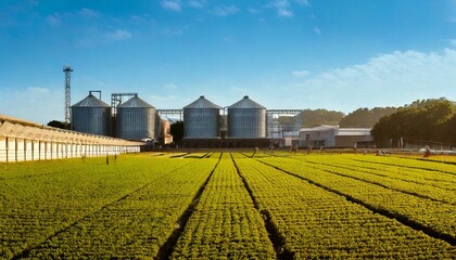 A modern biogas plant with an agricultural field in the foreground