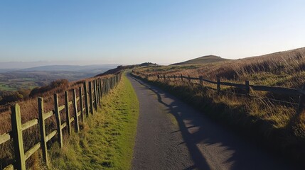 A narrow country road lined with a wooden fence, stretching into the horizon under a clear blue sky