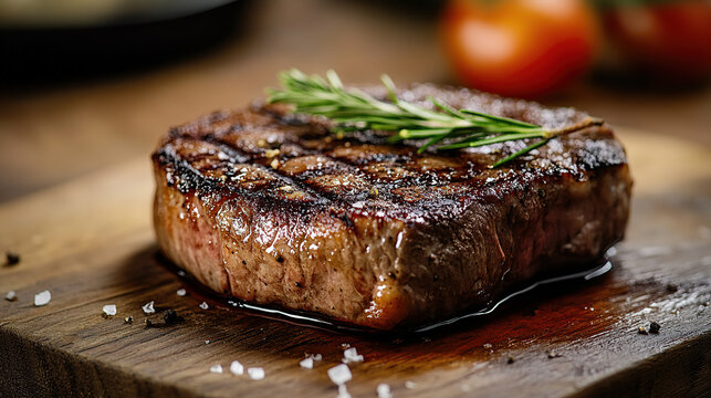 Close-up of a perfectly grilled ribeye steak on a wooden table, with copy space for photography and food advertising