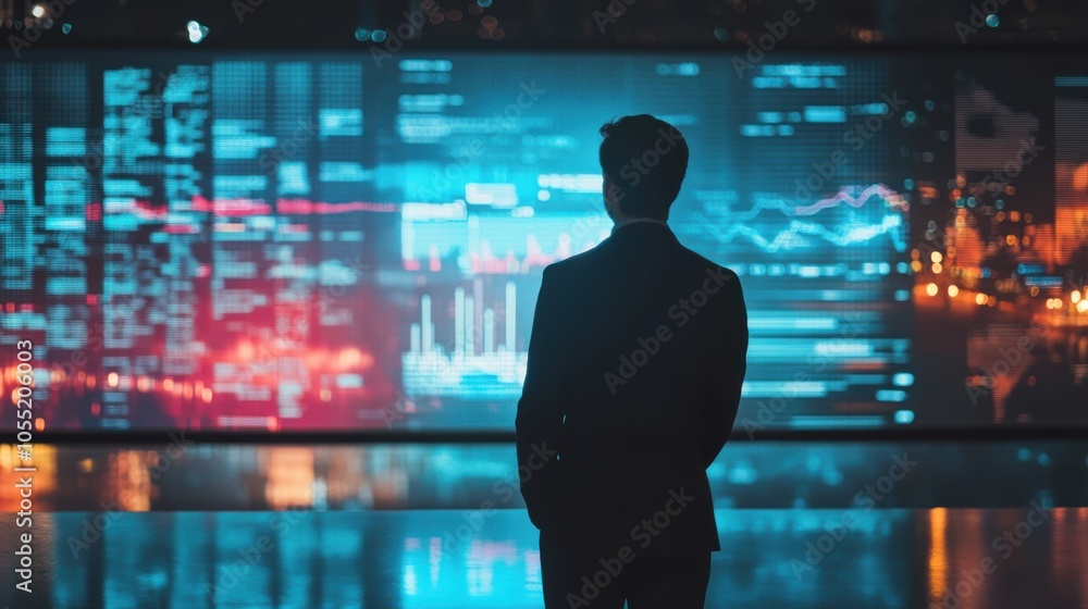 Poster a businessman standing in front of a large screen displaying