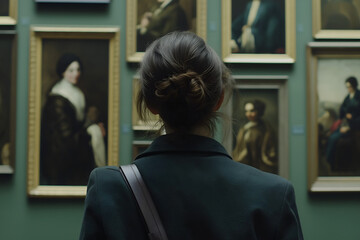 Back view of a attractive woman looking at renaissance style paintings in an old museum art gallery.