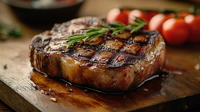 Close-up of a perfectly grilled ribeye steak on a wooden table, with copy space for photography and food advertising