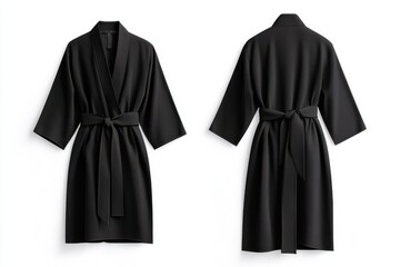 Front and back view of black robe with waist belt isolated on white background