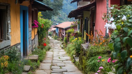 Fototapeta premium A narrow pathway through a traditional village, with quaint cottages and blooming gardens creating a serene atmosphere.