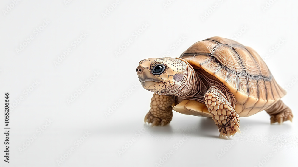 Poster Adorable baby tortoise slowly walking on white surface, showcasing its intricate shell and charming features. This delightful creature captures attention with its unique appearance and gentle