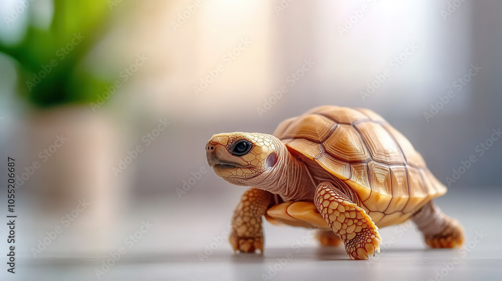 Poster adorable 4 month old baby tortoise slowly walking in bright room, showcasing its unique shell patter