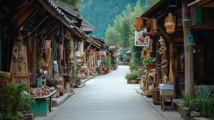 Fototapeta premium A narrow road in a sleepy village, with local artisans showcasing their crafts in small shops along the way.