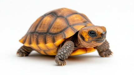 Obraz premium Adorable 4 month old baby tortoise slowly walking on white background, showcasing its unique shell patterns and vibrant colors, evoking sense of curiosity and charm