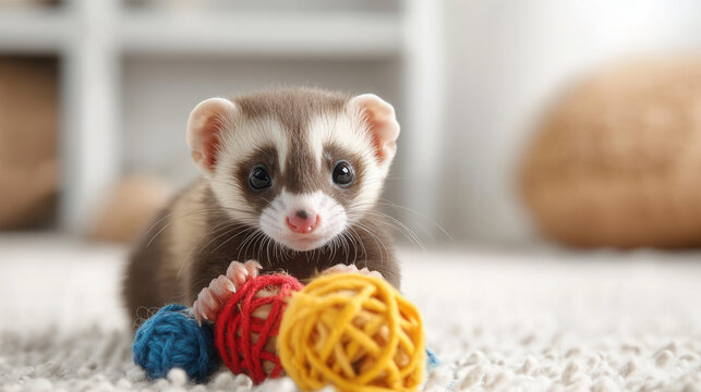Charming baby ferret playing with colorful yarn balls, showcasing its playful nature and curiosity. This adorable creature brings joy and warmth to any setting