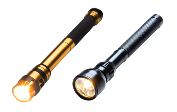 Flashlight with golden and black metallic body, isolated on transparent background, PNG