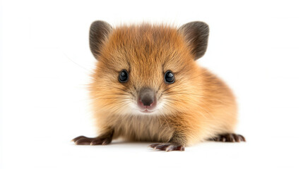 Obraz premium Charming baby quokka with smile, showcasing its adorable features and playful nature. This delightful creature captures hearts with its expressive eyes and fluffy fur