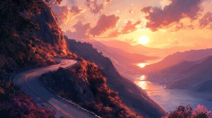 Fototapeta premium A narrow, winding road hugging the curves of a steep mountain, with the sun setting behind the distant hills