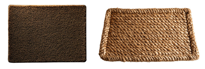 Rustic woven mats isolated on a transparent background featuring natural textures and rectangular designs for home decor, PNg