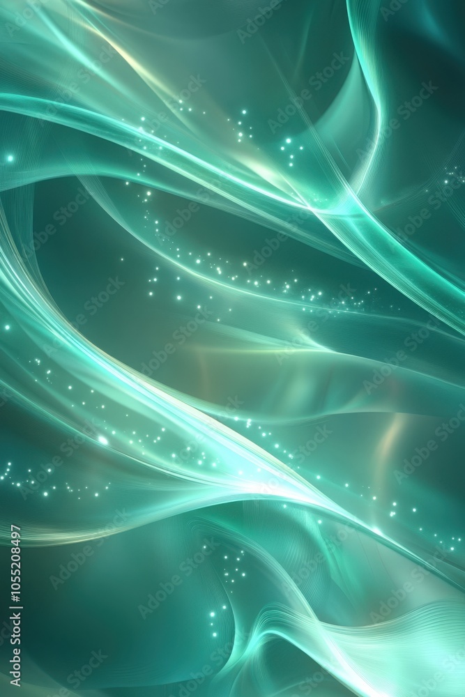 Poster flowing teal lines create an elegant and dynamic abstract aqua background, adorned with sparkling pa