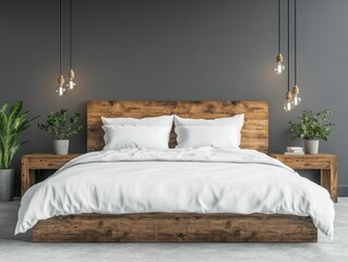 Gray walls set a modern tone in this minimalist women bedroom with white bedding and wooden accents