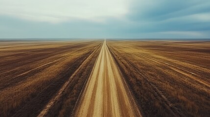 Naklejka premium A quiet dirt road in the middle of an open field, stretching for miles with no sign of human presence