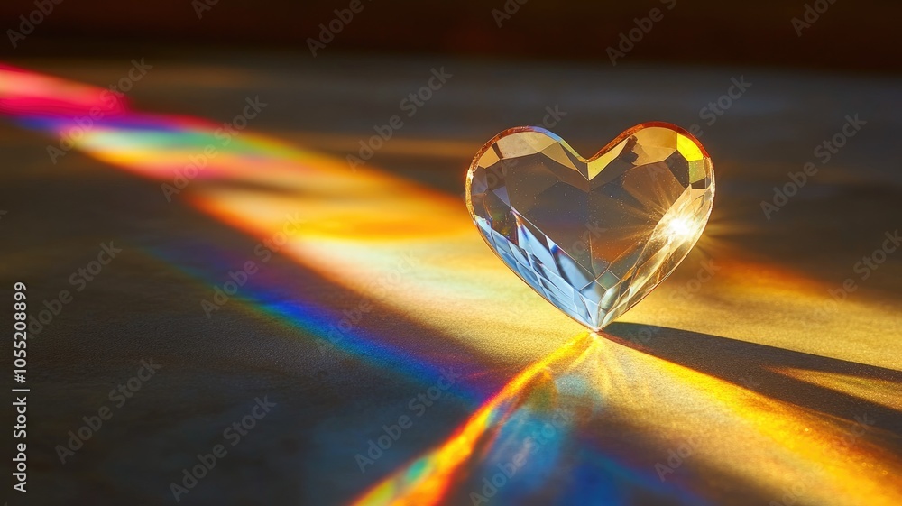 Poster crystal heart on surface with colorful light refracting around it