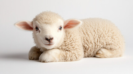 Naklejka premium cute 4 month old lamb with soft wool lying on white background, exuding innocence and charm. This adorable animal captures hearts effortlessly
