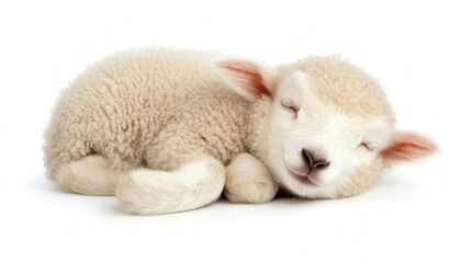 Naklejka premium cute 4 month old lamb with soft wool sleeping peacefully on white background, radiating warmth and innocence