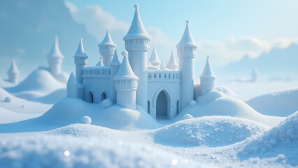 Fototapeta premium A snow castle with multiple towers stands in a snowy landscape, surrounded by trees. The scene is serene and bathed in soft blue light.