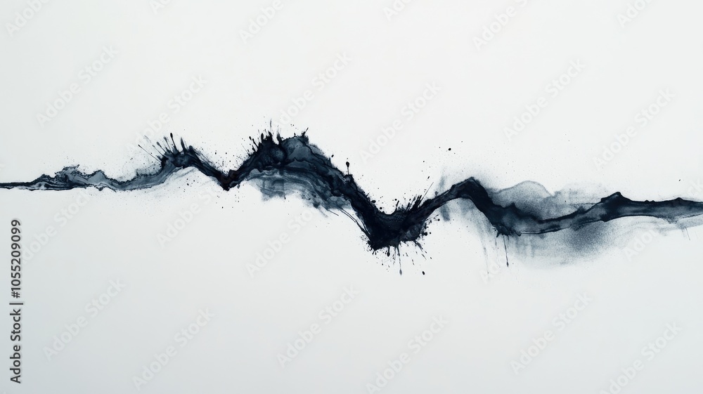Poster abstract black ink flowing across white canvas in zigzag pattern