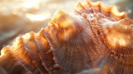 A close-up of a seashell, capturing the fine ridges