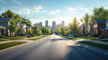 Obraz premium A road blending from urban concrete to a suburban neighborhood, with high-rises in the distance and houses lining the streets