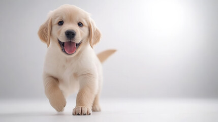 Playful 4 month old golden retriever puppy running joyfully with wagging tail, showcasing its adorable features and vibrant energy