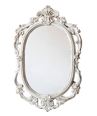 Vintage ornate mirror with white carved frame isolated on transparent background, PNG