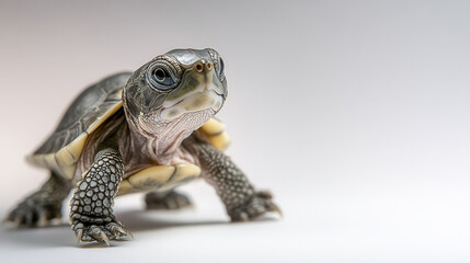 sweet 4 month old baby turtle peeking out with curiosity, showcasing its intricate shell and expressive features. This adorable creature captures essence of youth and wonder