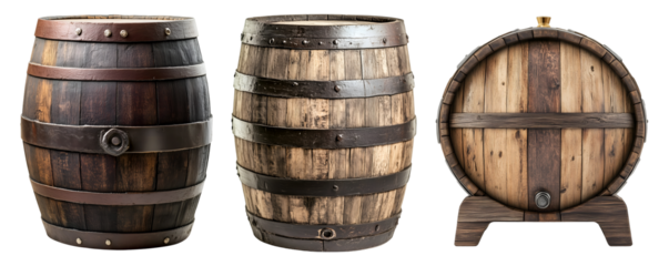 wooden barrels in various styles isolated on transparent background, PNG