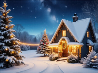 クリスマスの風景　白い雪　ロッジ　小屋　イルミネーション