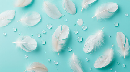 Delicate white feathers and water droplets on a light blue background.