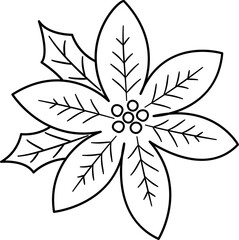 Poinsettia flower Christmas decoration outline isolated.
Christmas Poinsettia Flower coloring drawing vector.