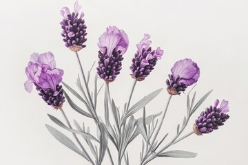 Detailed vintage botanical illustration showcasing a cluster of lavender stems with vibrant purple flowers on a minimalist white background