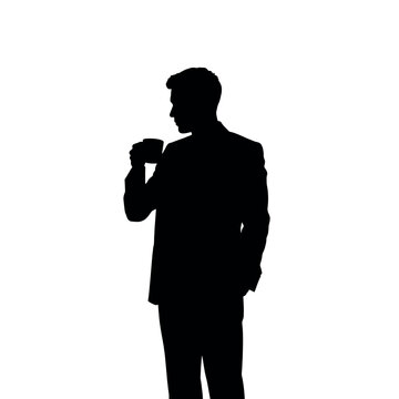 recommend clip art: A businessman silhouette standing and drinking coffee, with one hand holding a coffee cup near his mouth