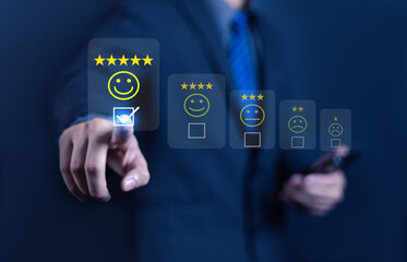 Business concept satisfaction survey, users rate service experience in online application, rate business with best quality in customer service.
