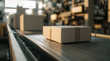 Packed courier on production line against cardboard boxes in warehouse
