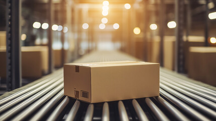 Packed courier on production line against cardboard boxes in warehouse
